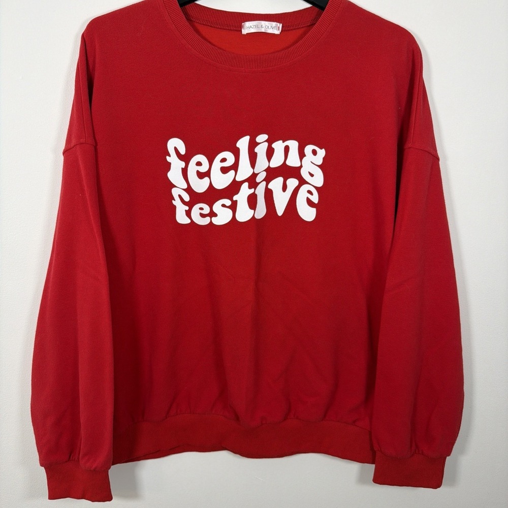 Hazel & Olive Feeling Festive Oversize Crewneck Fleece Sweatshirt Large Red Xmas